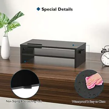 BONTEC Monitor Stand Riser, 2 Tiers Wood Monitor Riser Stand with Storage Organizer, Desktop Ergonomic Monitor Stand Riser with Cellphone Holder and Cable Management, 16.5 Inch Desk Shelf, Black