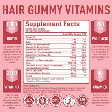 Purely Optimal Premium Hair Vitamins Supplement-Gummy Vitamins w/Biotin, Folic Acid, Vitamins A&D-Su...