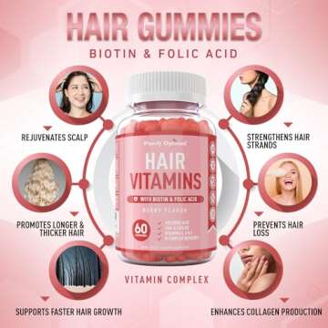 Purely Optimal Premium Hair Vitamins Supplement-Gummy Vitamins w/Biotin, Folic Acid, Vitamins A&D-Supports Faster Hair Growth & Promotes Healthy Hair, Skin, & Nails-60 Non-GMO Berry Flavored Gummies