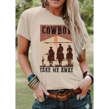 Cowboy Take Me Away Shirt for Women Vintage Western Graphic T Shirt Funny Country Music Shirts Cowgirl Short Sleeve Tops (Beige3, Medium)