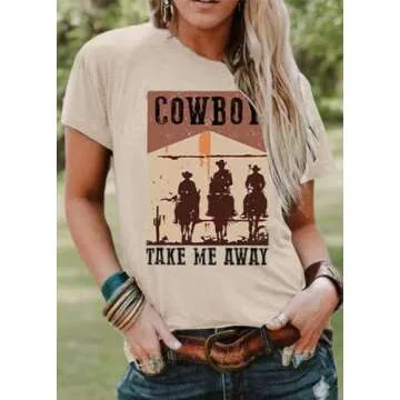 Cowboy Take Me Away Shirt for Women Vintage Western Graphic T Shirt Funny Country Music Shirts Cowgirl Short Sleeve Tops (Beige3, Medium)