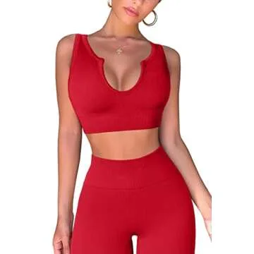 Stylish QINSEN Women's Ribbed Seamless Workout Set - Red XS