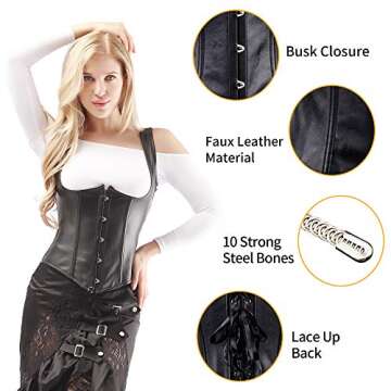 Alivila.Y Fashion Corset Womens Faux Leather Steampunk Corsets Victorian Bustier 2672A-Black-M