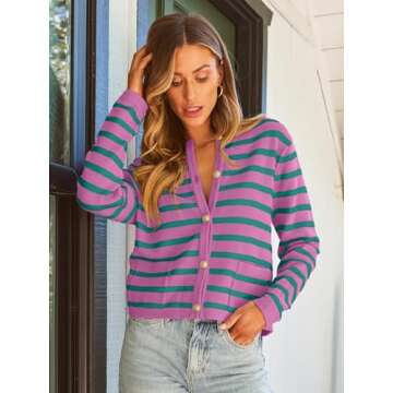 LILLUSORY Women's Striped Cardigan Sweaters Fall Outfits Clothes Fashion Trendy Long Sleeve Tops Cas...