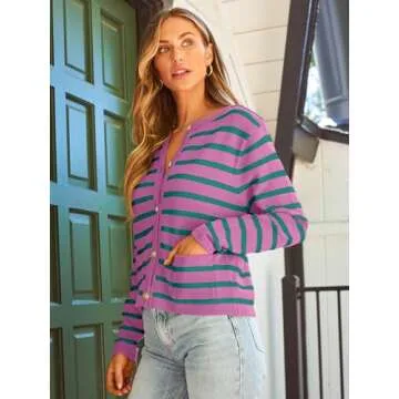LILLUSORY Women's Striped Cardigan Sweaters Fall Outfits Clothes Fashion Trendy Long Sleeve Tops Casual Knit Lady Jackets PinkGreen M