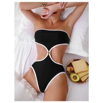 Milumia Women's Cut Out One Piece Strapless Swimsuits Contrast Binding Ring Bathing Suits Swimwear Black Medium