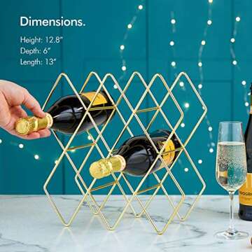 VonShef 8-10 Bottle Wine Rack Freestanding Bottle Holder Countertop Storage Metal Brushed Gold Geometric Design for Red White Wine