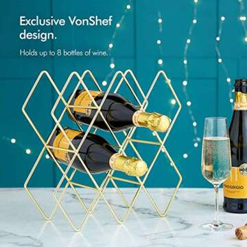 VonShef 8-10 Bottle Wine Rack Freestanding Bottle Holder Countertop Storage Metal Brushed Gold Geometric Design for Red White Wine