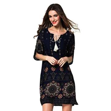 ARANEE Women Bohemian Neck Tie Vintage Printed Ethnic Style Shift Dress Navy Blue