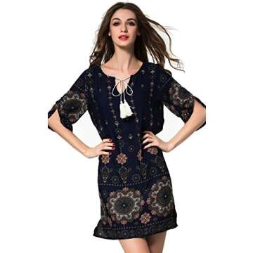 ARANEE Women Bohemian Neck Tie Vintage Printed Ethnic Style Shift Dress Navy Blue