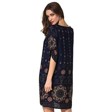 ARANEE Women Bohemian Neck Tie Vintage Printed Ethnic Style Shift Dress Navy Blue