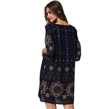 ARANEE Women Bohemian Neck Tie Vintage Printed Ethnic Style Shift Dress Navy Blue
