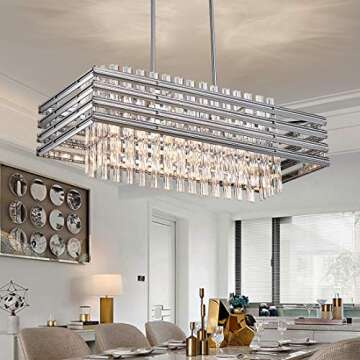TZOE Dining Room Chandelier,Modern Rectangle Pendant Light,Crystal Chandelier,L29.1 x W11.4 x H48.5,6 Light, Adjustable Height,Polished Chrome,UL Listed