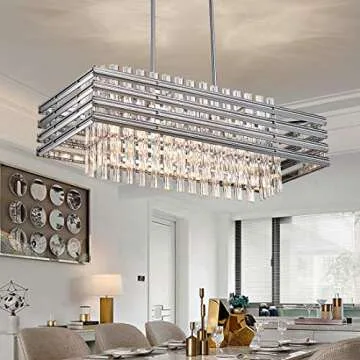 TZOE Dining Room Chandelier,Modern Rectangle Pendant Light,Crystal Chandelier,L29.1 x W11.4 x H48.5,6 Light, Adjustable Height,Polished Chrome,UL Listed