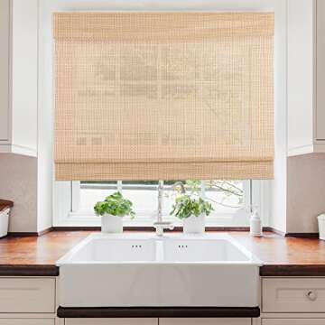 Cordless Bamboo Roman Shades, Natural Woven Blinds with 6 Inches High Valance, Custom Room Darkening Privacy Lined Sun Shade for Indoor Windows, Doors, Color 4