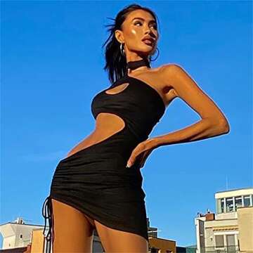 Zempertoopa Women Sexy Hollow Out Mini Dress Lace Up Flared Sleeve Short Bodycon Dress Low Cut Halter Dress Party Streetwear (Black-A, S)