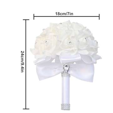 KOCNYDEY Wedding Bouquets for Bride, Wedding Bridal Bouquet Crystal Diamond Silk Roses, Bride Bridesmaid Wedding Hand Roses Bouquet Artificial Flowers Bouquet for Wedding Churches Parties (White)