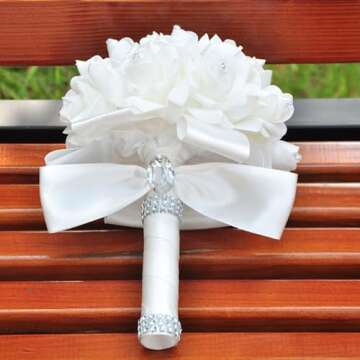 KOCNYDEY Wedding Bouquets for Bride, Wedding Bridal Bouquet Crystal Diamond Silk Roses, Bride Bridesmaid Wedding Hand Roses Bouquet Artificial Flowers Bouquet for Wedding Churches Parties (White)