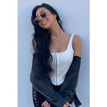 TOB Women's Sexy Sleeveless Central Single-Row Clasp Club & Night Out Crop Tank Top