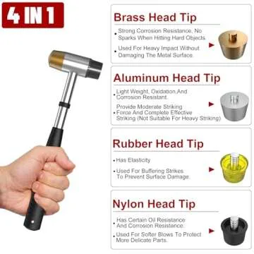 Small Brass Hammer with 4 Interchangeable 1-Inch Heads: Brass, Nylon, Aluminum, Rubber, Hammer Mallet for Jewelry, DIY Projects and More