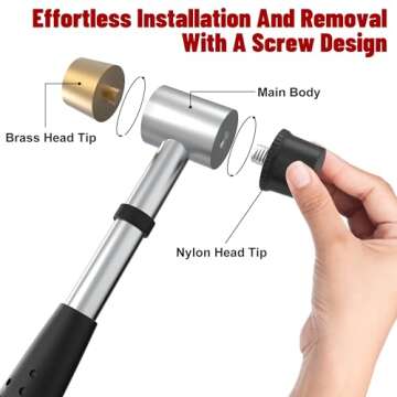 Small Brass Hammer with 4 Interchangeable 1-Inch Heads: Brass, Nylon, Aluminum, Rubber, Hammer Mallet for Jewelry, DIY Projects and More