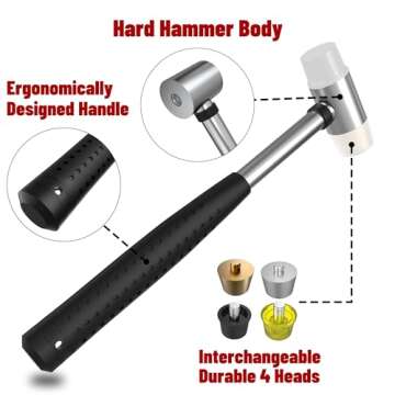 Small Brass Hammer with 4 Interchangeable 1-Inch Heads: Brass, Nylon, Aluminum, Rubber, Hammer Mallet for Jewelry, DIY Projects and More