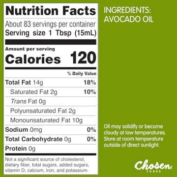 Chosen Foods 100% Pure Avocado Oil, Keto and Paleo Diet Friendly, Kosher Oil for Baking, High-Heat Cooking, Frying, Homemade Sauces, Dressings and Marinades (1.25 liters)(42.3 fl oz)