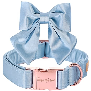 Unique Style Paws Adjustable Silk Blue Dog Collar with Removable Bow for X-Small Puppies and Cats