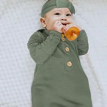 Newborn Baby Knotted Gown, Super Soft Silky Infant Long Sleeve Sleeper with Tie Bottom, Baby Girl and Boy Sleep Gown with Mittens, Bow, and Hat Set Army Green