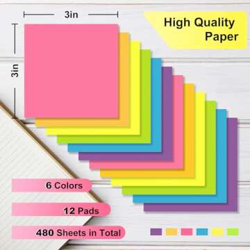 OHOME Sticky Notes - 12 Pads, 3”x3” - Colorful Self-Stick Post Notes Bulk - Office Desk Accessor...