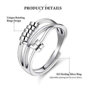 6PCS Anti Anxiety Fidget Ring for Women, Open Adjustable Ring, CZ Cubic Zirconia Diamond Rings, Rota...