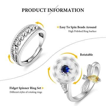 6PCS Anti Anxiety Fidget Ring for Women, Open Adjustable Ring, CZ Cubic Zirconia Diamond Rings, Rotatable Bead Rings, Bee Daisy Rings Set for Women Stress Relief