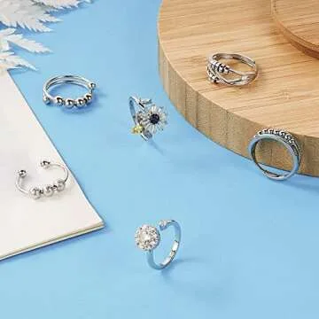 6PCS Anti Anxiety Fidget Ring for Women, Open Adjustable Ring, CZ Cubic Zirconia Diamond Rings, Rotatable Bead Rings, Bee Daisy Rings Set for Women Stress Relief