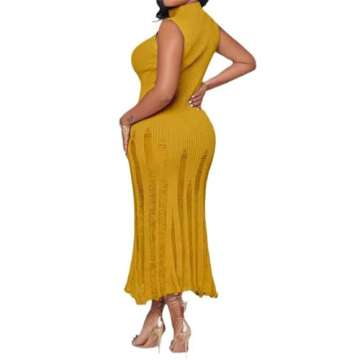 Recious Womens Sexy Sleeveless O Neck Knitted Ripped Holes Bodycon Party Clubwear Sweater Dress Yellow