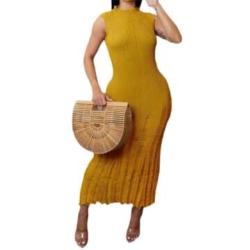 Recious Womens Sexy Sleeveless O Neck Knitted Ripped Holes Bodycon Party Clubwear Sweater Dress Yellow