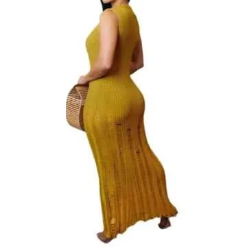 Recious Womens Sexy Sleeveless O Neck Knitted Ripped Holes Bodycon Party Clubwear Sweater Dress Yellow