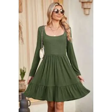 Newshows Womens 2025 Fall Dress Long Sleeve Square Neck Work Casual Vacation Outfits A-Line Boho Sundress with Pockets(0 Army Green,S)