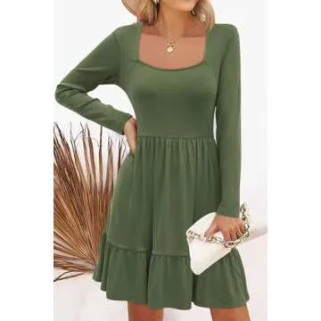 Newshows Womens 2025 Fall Dress Long Sleeve Square Neck Work Casual Vacation Outfits A-Line Boho Sundress with Pockets(0 Army Green,S)