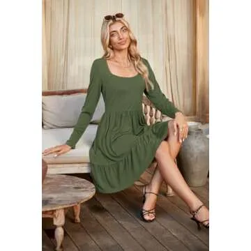 Newshows Womens 2025 Fall Dress Long Sleeve Square Neck Work Casual Vacation Outfits A-Line Boho Sundress with Pockets(0 Army Green,S)