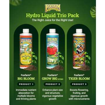 FoxFarm Liquid Nutrient Trio Hydro Formula: Big Bloom, Grow Big Hydro & Tiger Bloom - for Hydroponic Gardening, Green Growth, Buds & Late-Season Flowers, (3-16 oz Bottles)