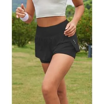 PINSPARK Womens Athletic Shorts with Biker Short Liner Breathable Women's 2 in 1 Running Shorts with Phone Pocket Black S