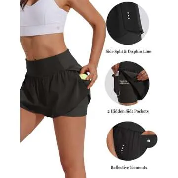 PINSPARK Womens Athletic Shorts with Biker Short Liner Breathable Women's 2 in 1 Running Shorts with Phone Pocket Black S