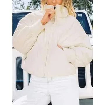 InterNos Women's Winter Stand Collar Zip Puffer Jacket Baggy Short Padded Down Coats(0128-White-S)