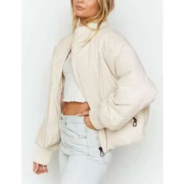 InterNos Women's Winter Stand Collar Zip Puffer Jacket Baggy Short Padded Down Coats(0128-White-S)