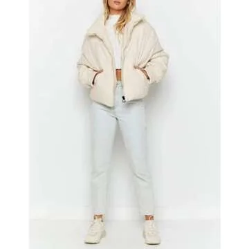 InterNos Women's Winter Stand Collar Zip Puffer Jacket Baggy Short Padded Down Coats(0128-White-S)