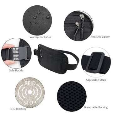 HOPSOOKEN Travel Money Belt: Waist Pack for Running and Cycling, RFID, Comfortable, Durable and Lightweight Hidden Travel Passport Wallets.(Black)
