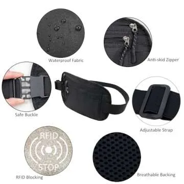 HOPSOOKEN Travel Money Belt: Waist Pack for Running and Cycling, RFID, Comfortable, Durable and Lightweight Hidden Travel Passport Wallets.(Black)