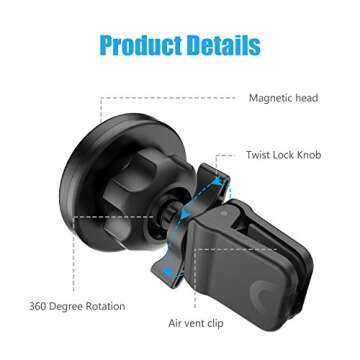 WixGear Universal Twist-lock Air vent Magnetic Car Mount Holder, for Cell Phones with Fast Swift-snap Technology