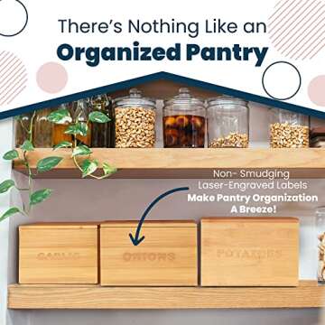 LandHome Onion and Potato Storage Bins (3 Pcs) - Stackable Bamboo Vegetable Containers, Engraved Garlic Pantry Canister, Farmhouse Kitchen Accessories