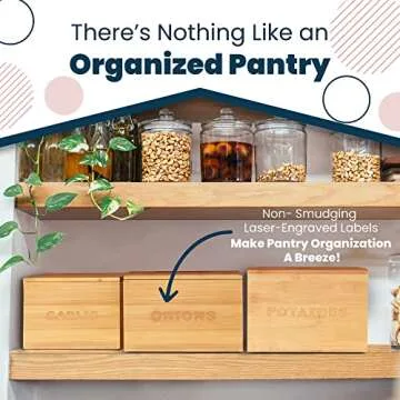 LandHome Onion and Potato Storage Bins (3 Pcs) - Stackable Bamboo Vegetable Containers, Engraved Garlic Pantry Canister, Farmhouse Kitchen Accessories